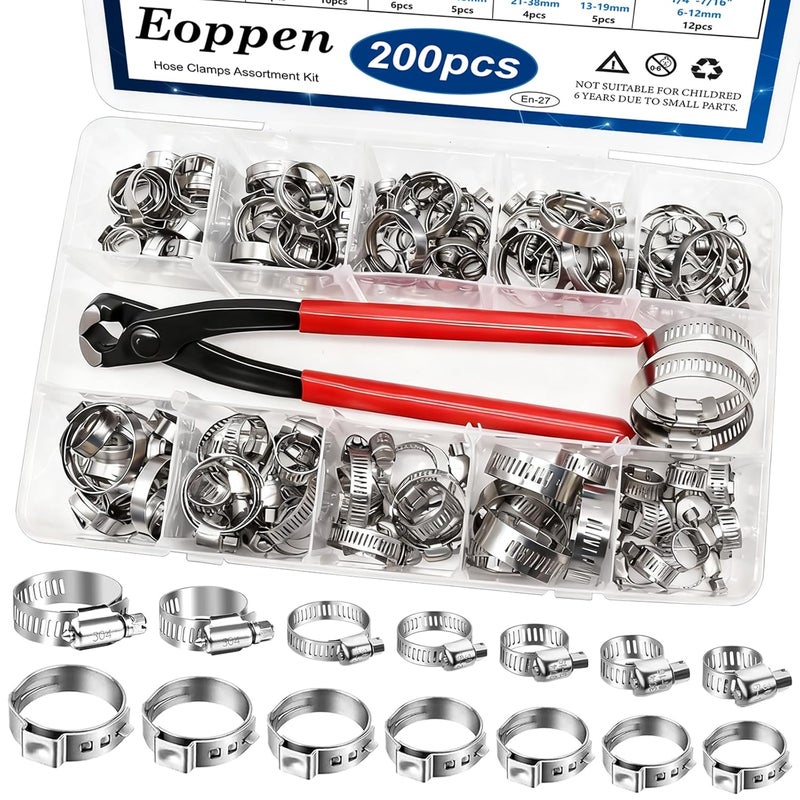 Eoppen 200Pcs 19 Sizes 304 Stainless Steel Single Ear Hose Clamp with Ear Clamp Pincer 5.3-33.1mm & Adjustable 1/4Inch - 2Inch(6-51mm) Hose Clamp Assortment Kit for Automotive, Plumbing, Fuel Line - Image 1